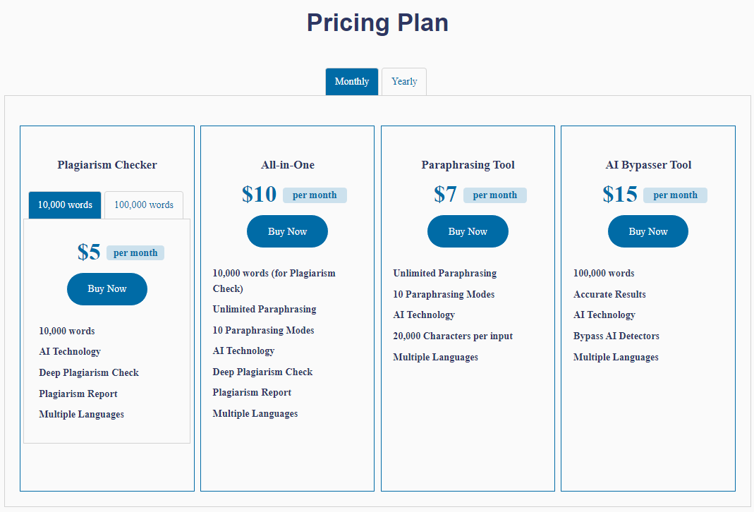 Pricing By Plagiarismchecker.ai
