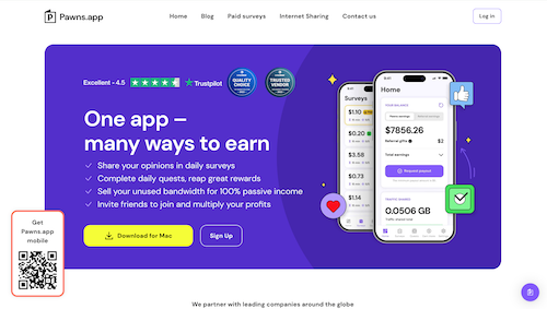 The Pawns.app sign-up page offering several ways to earn rewards, including taking surveys, referring friends, and selling your unused bandwidth. 