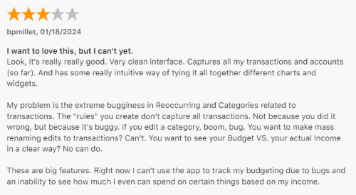 A 3-star review from a Copilot user who likes the design of the app but says some of the features aren't working correctly.