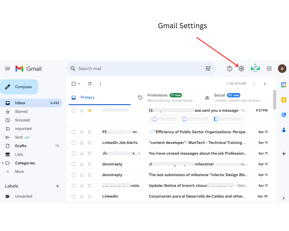 Gmail settings button