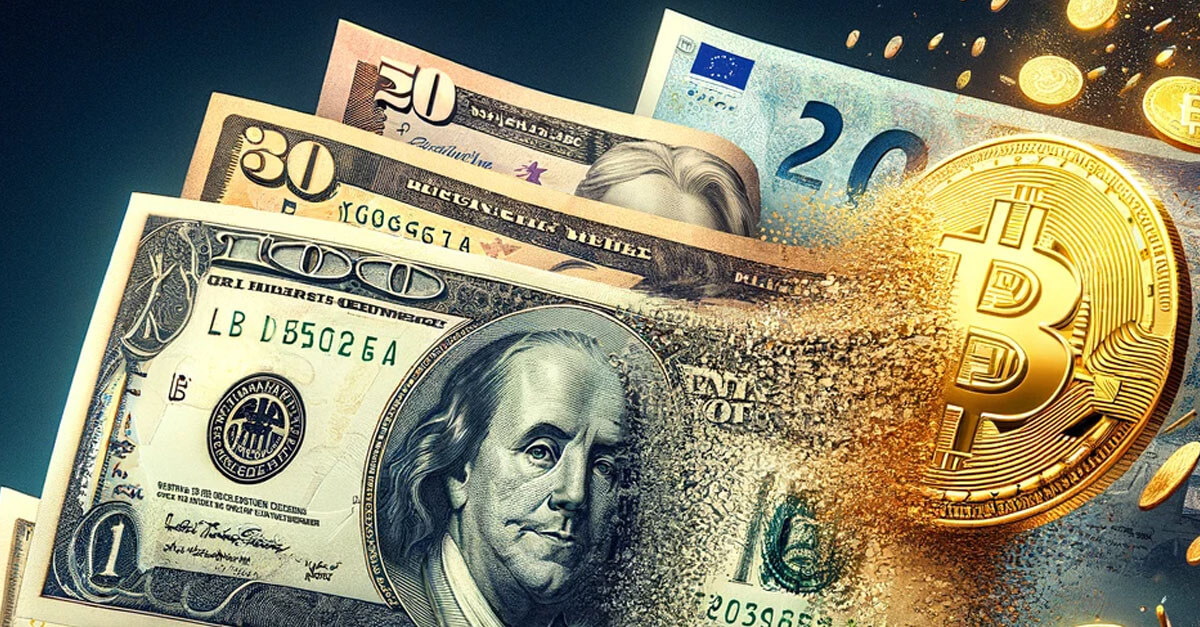 billetes y moneda bitcoin