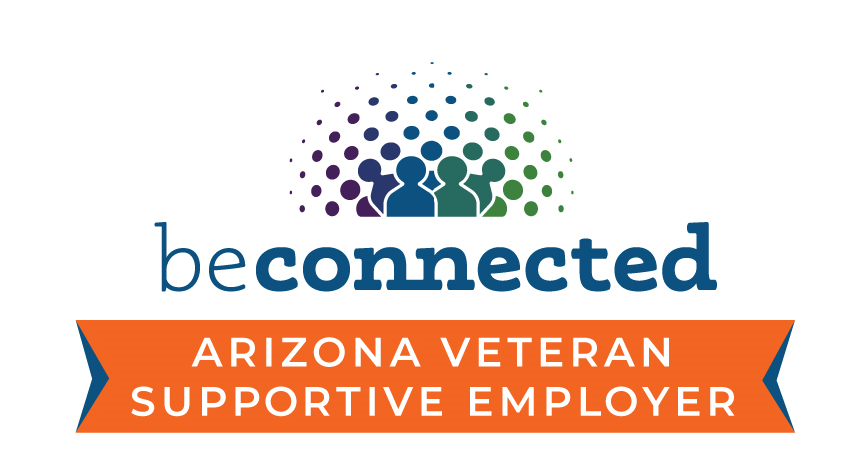 beconnected logo which is vague figures of people with a dotted globe around them with the words Arizona veterans supportive employer