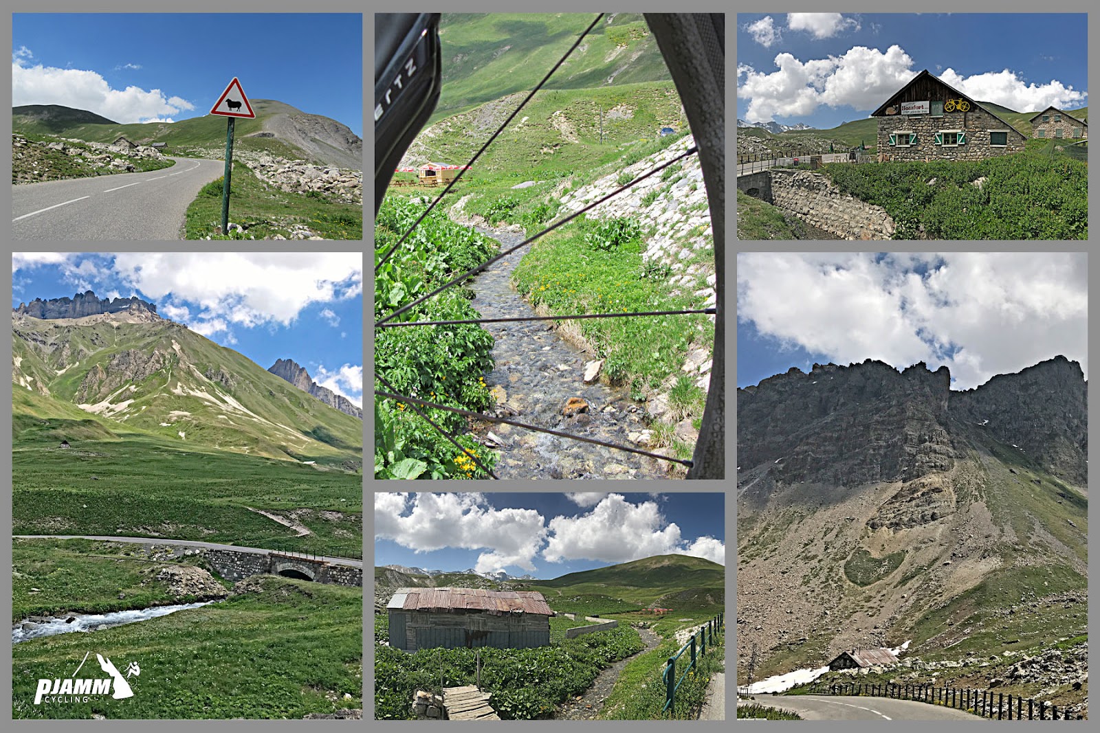 Cycling Col du Galibier from Valloire: photo collage shows views along the climb, lush green hillsides, sharp French Alps mountains, old stone farm buildings, small creeks