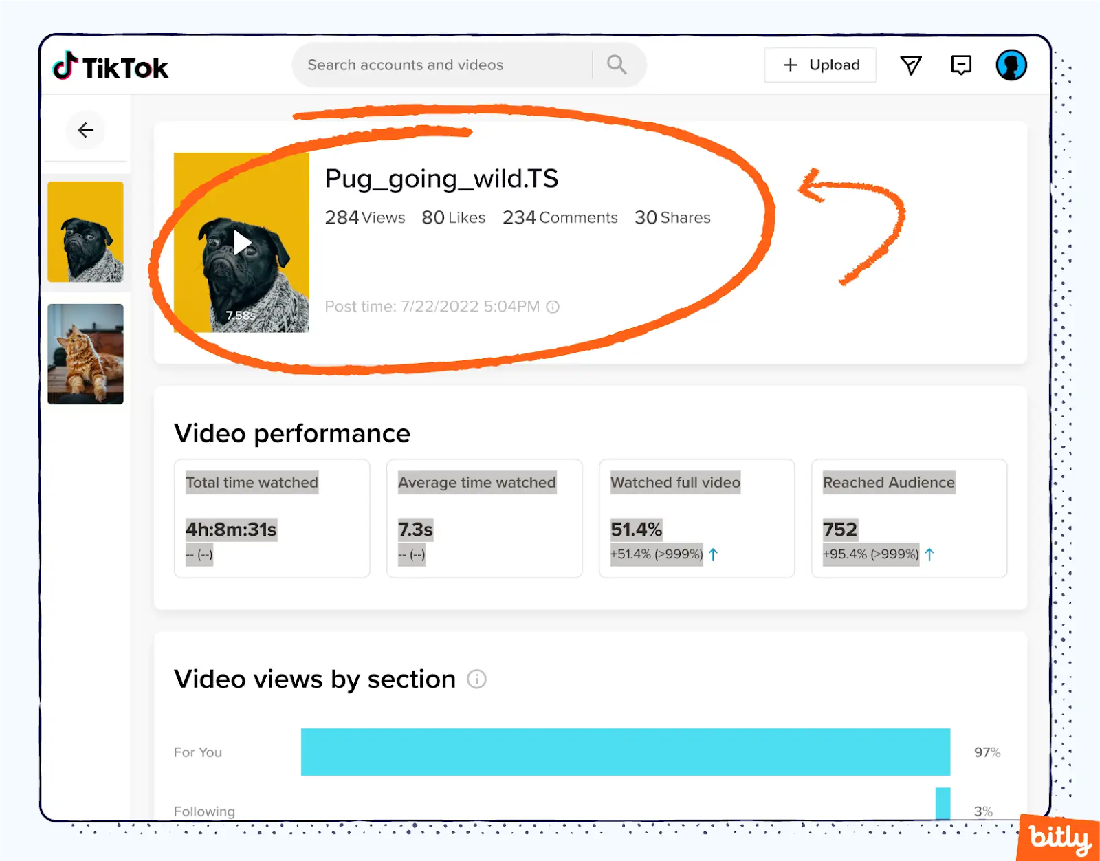 A screenshot highlighting where to view video content metrics in TikTok.