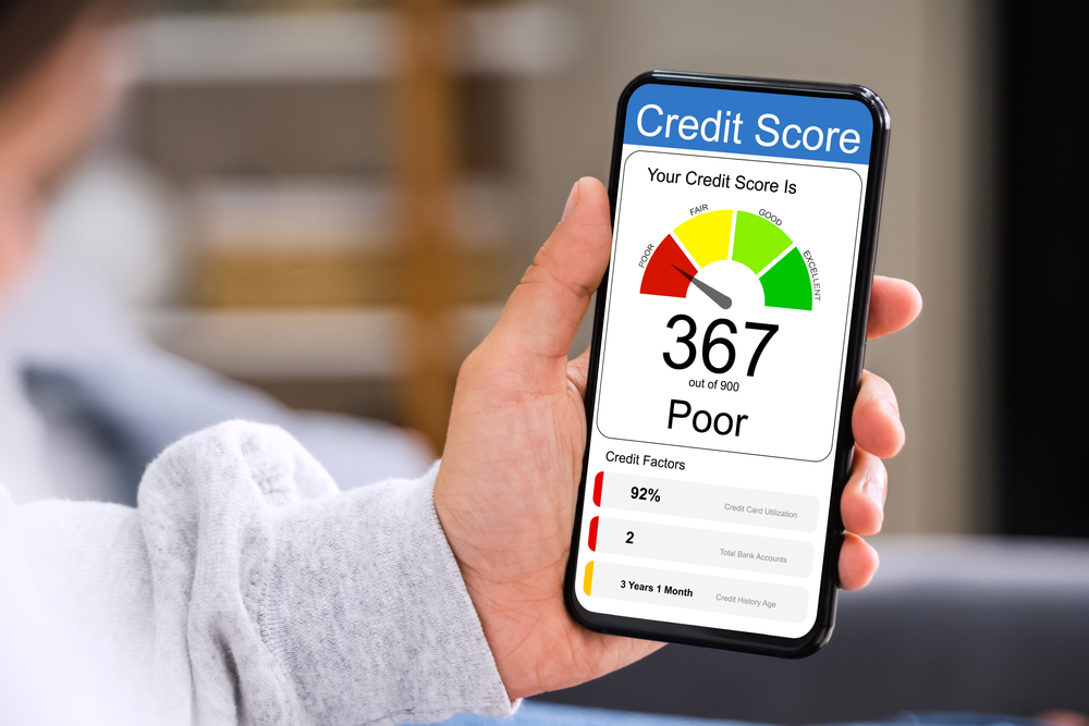 Person holding a phone that displays the credit score