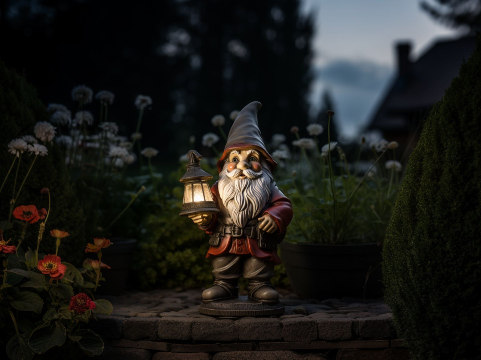 A garden sculpture illuminated with an LED lamp 