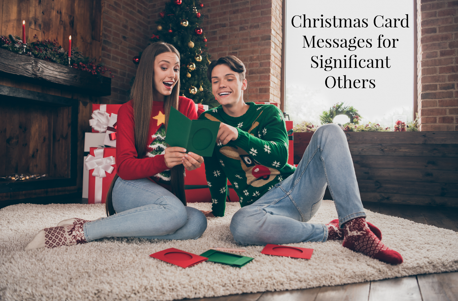 A couple wearing Christmas sweaters looking at a Christmas card together with the text “Christmas card messages for significant others”