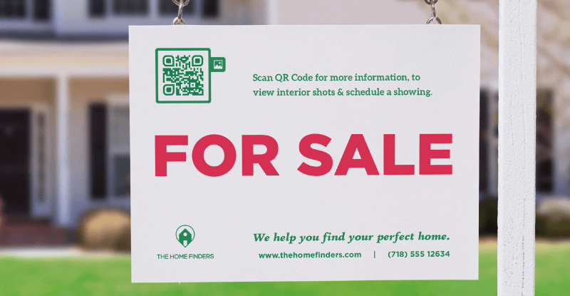 QR Code on a for sale sign prompting potential buyers to scan for more information, interior shots, and to schedule a showing