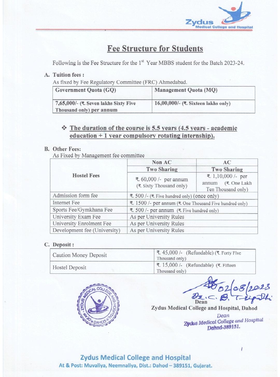 Zydus medical college and hospital mbbs fees