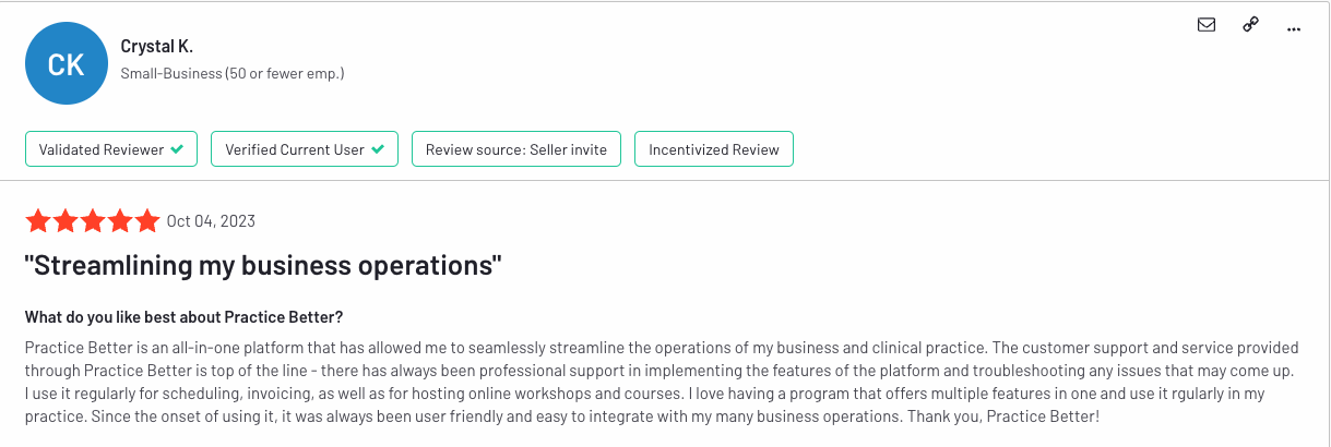 G2 5-star review of Practice Better from Crystal K with the title “Streamlining my business operations.”