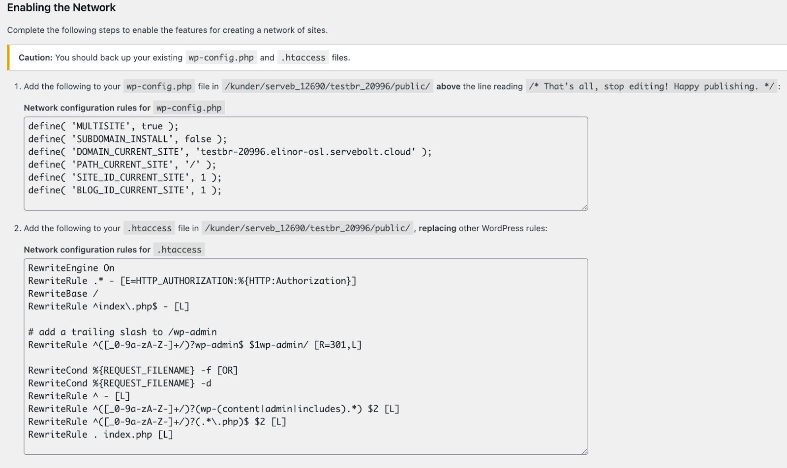 Screenshot of code snippet for enabling WordPress Multisite