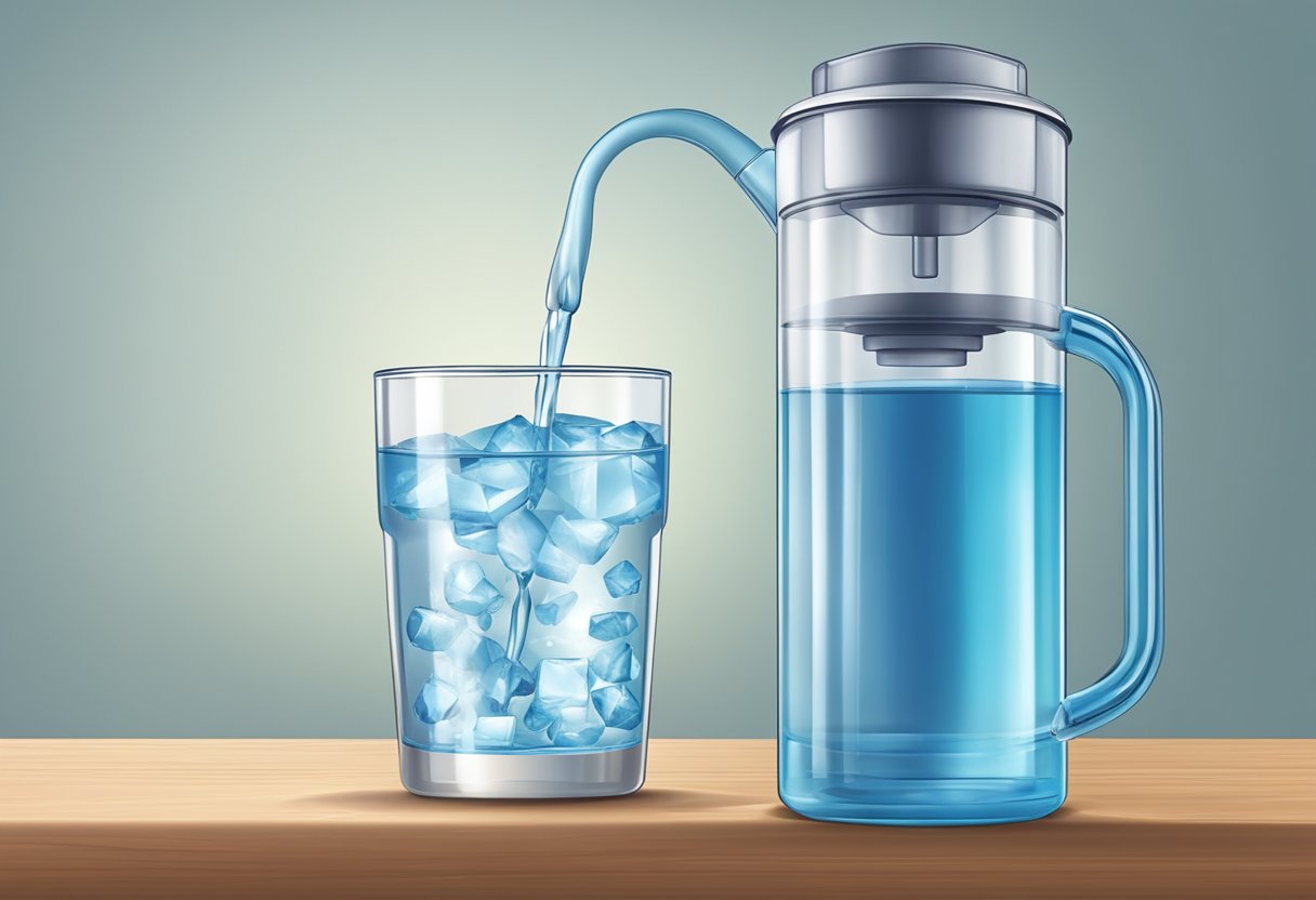 A glass of water with a bottle of mineral water and a water filter pitcher in the background