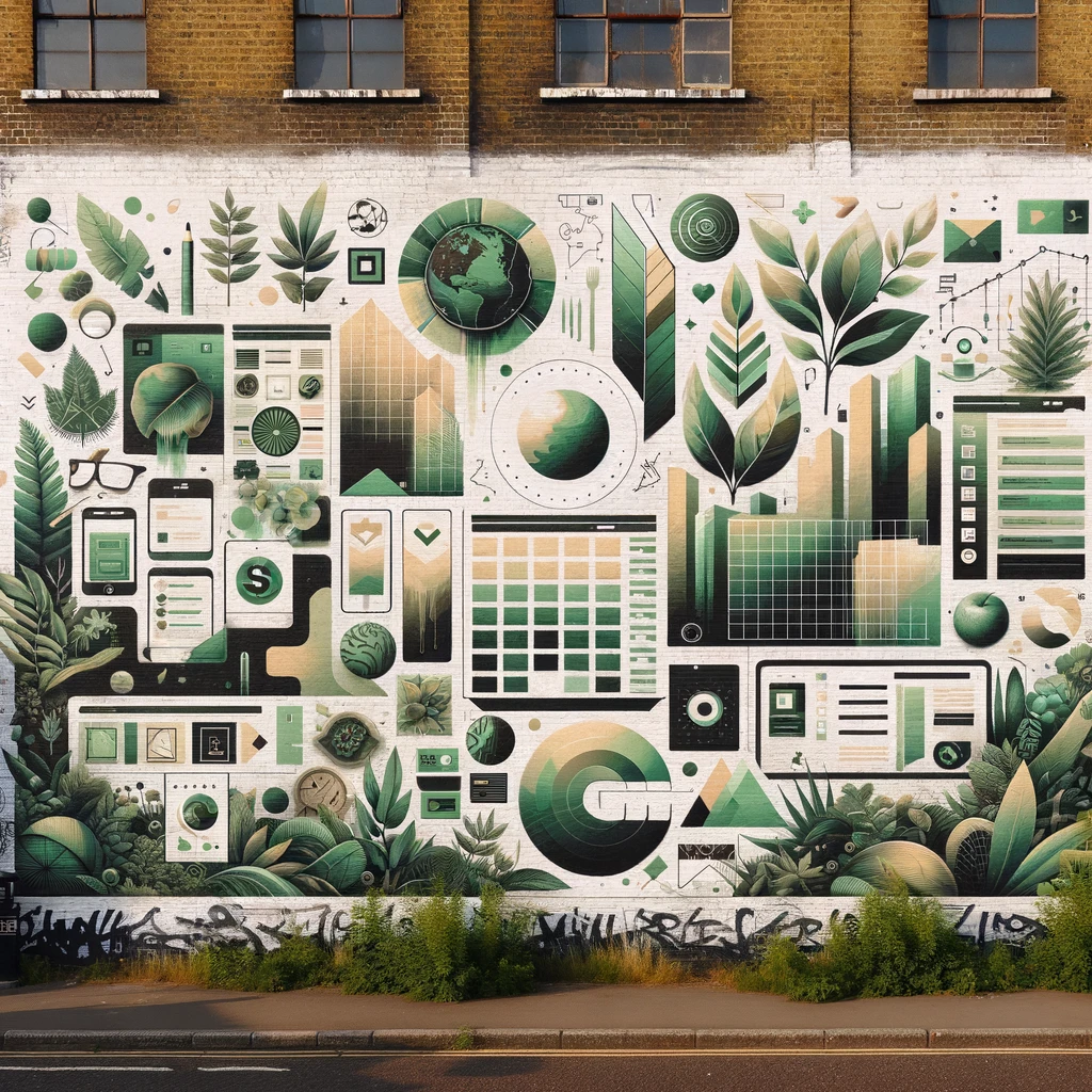 Urban mural depicting sustainable web design and ethics with green and earthy tones, showcasing web development icons alongside natural elements like leaves and recycled materials, reflecting an environmentally conscious approach in digital spaces.