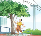 A cartoon of a person standing under a tree

Description automatically generated