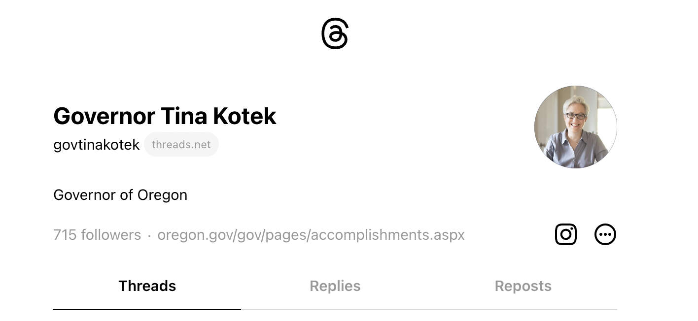 Screenshot of Tina Kotek's Threads account