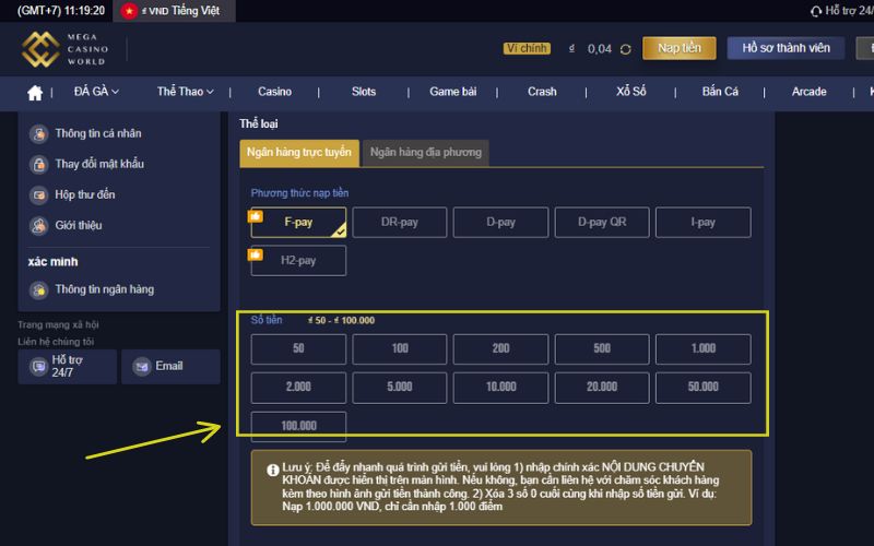 Bước 4: Nhập hoặc chọn số tiền bạn muốn nạp