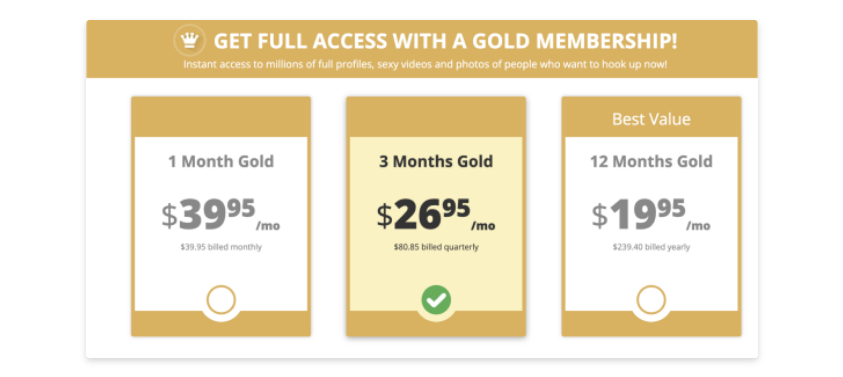 Gold membership dollar prices and packages for the dating site Friend Finder X.