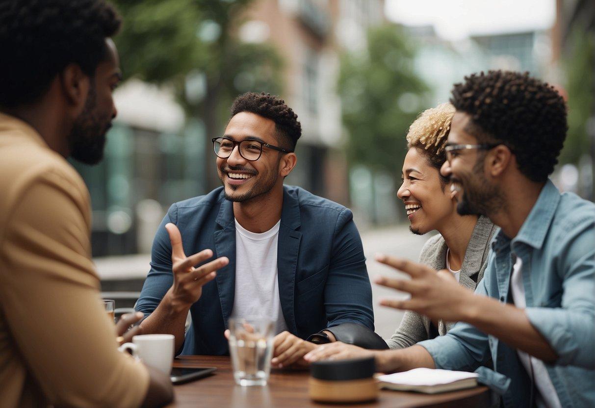 A group of diverse individuals engaging in conversation and exchanging ideas, with open body language and friendly expressions