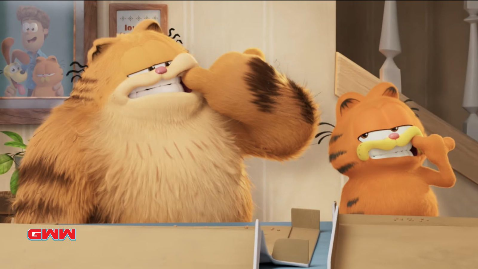 Vic y Garfield juntos, tráiler de La Película de Garfield.