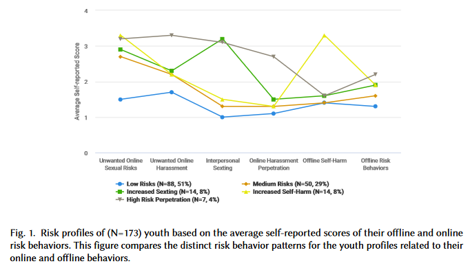 Fig. 1. Risk profiles of youth based on the average self-reported scores of their offline and online risk behaviors. This figure compares the distinct risk behavior patterns for the youth profiles related to their online and offline behaviors. 