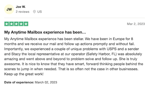 A 5-star Anytime Mailbox review from a customer happy with both the service itself and their local customer service representative. 