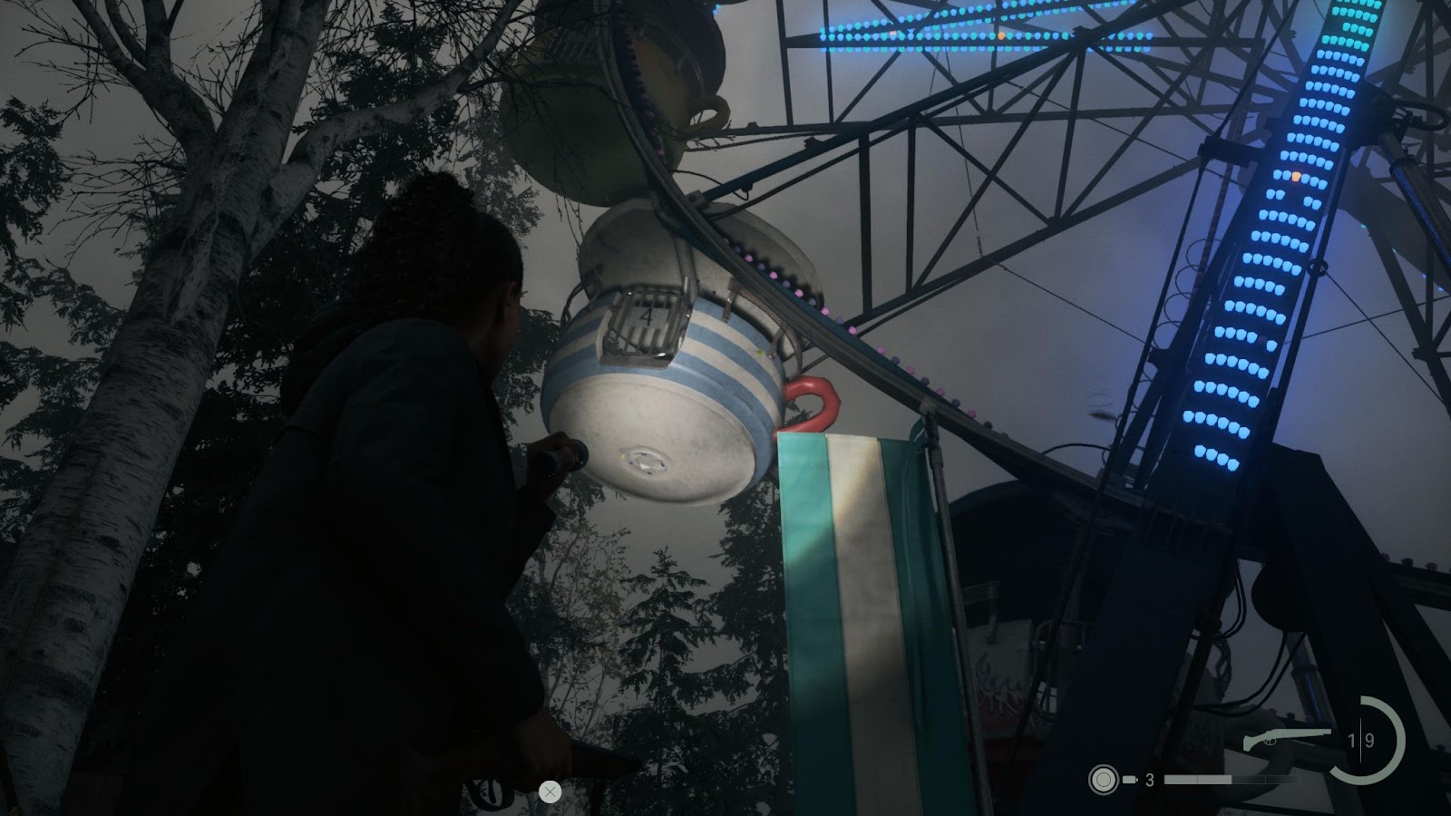 An in game screenshot of the Slow Roaster Ferris wheel in Coffee World from Alan Wake II. 