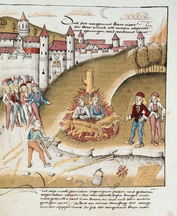 1482년 스위스 취리히에서 벌어진 동성애자 화형식 장면을 묘사한 그림./위키피디아