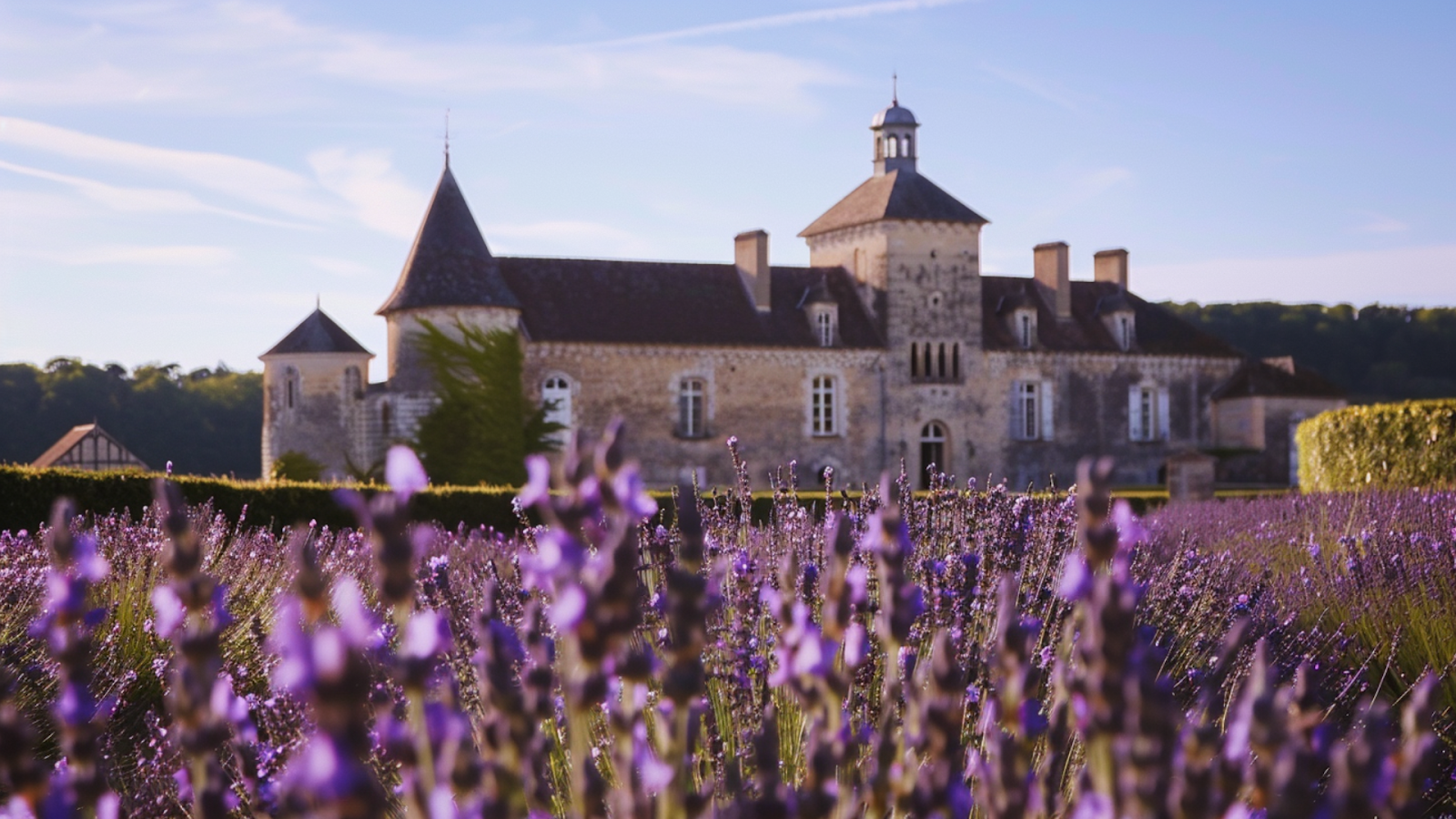 A chateau with lavenders in the foreground in Loire Valley, France