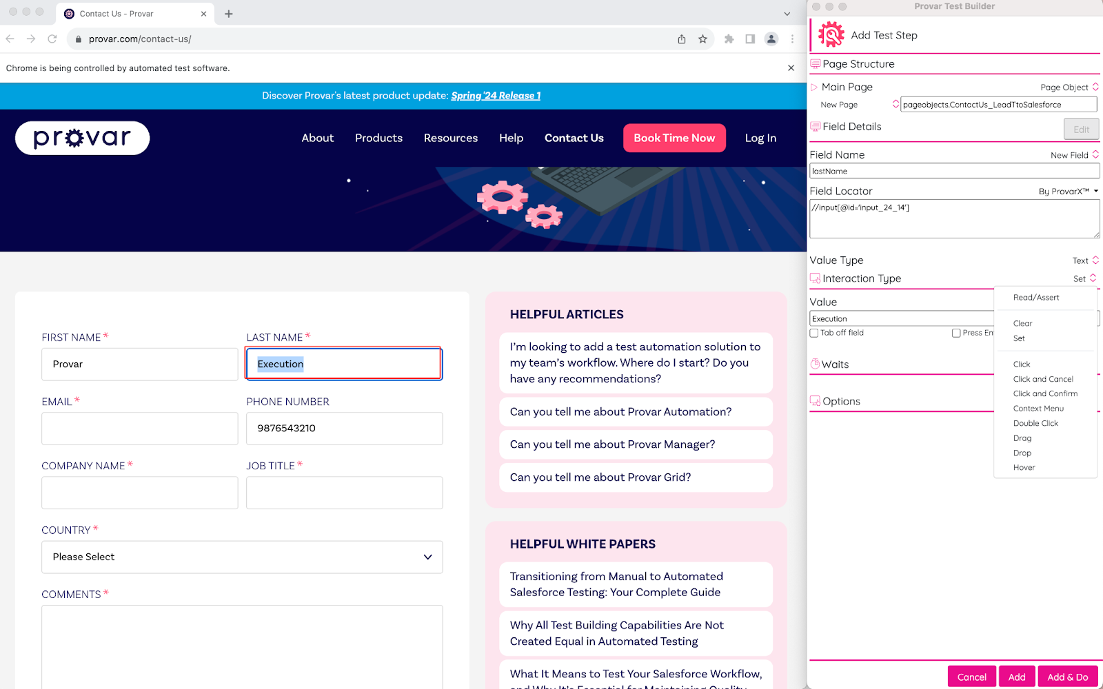 Provar website's 'Contact Us' form shown with the Provar Test Builder's 'Add Test Step' panel open, highlighting field identification.