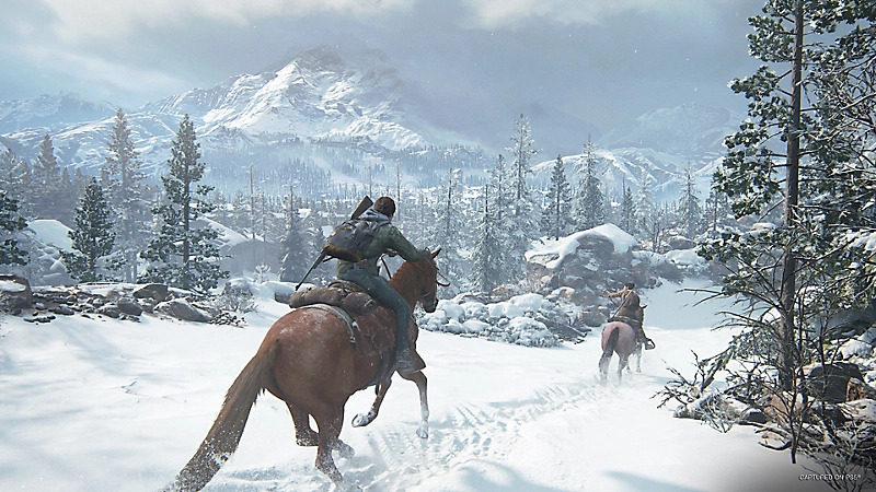 An in game screenshot of Ellie on horseback from The Last of Us Part 2 Remastered. 