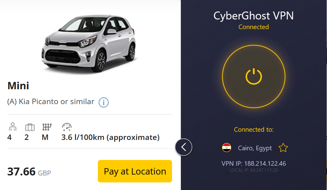 White car model price with an Egypt VPN IP address vs. a UK VPN IP address