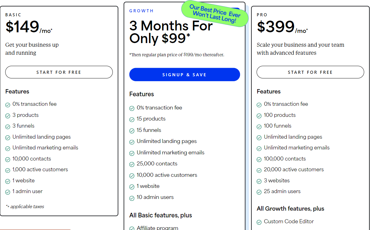 Pricing plans for Kajabi