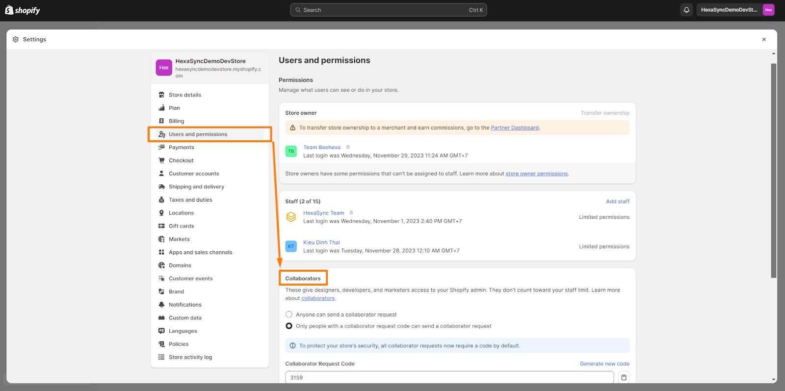 HexaSync Shopify Collaborator Permission Review Guide - Add permissions to the HexaSync team