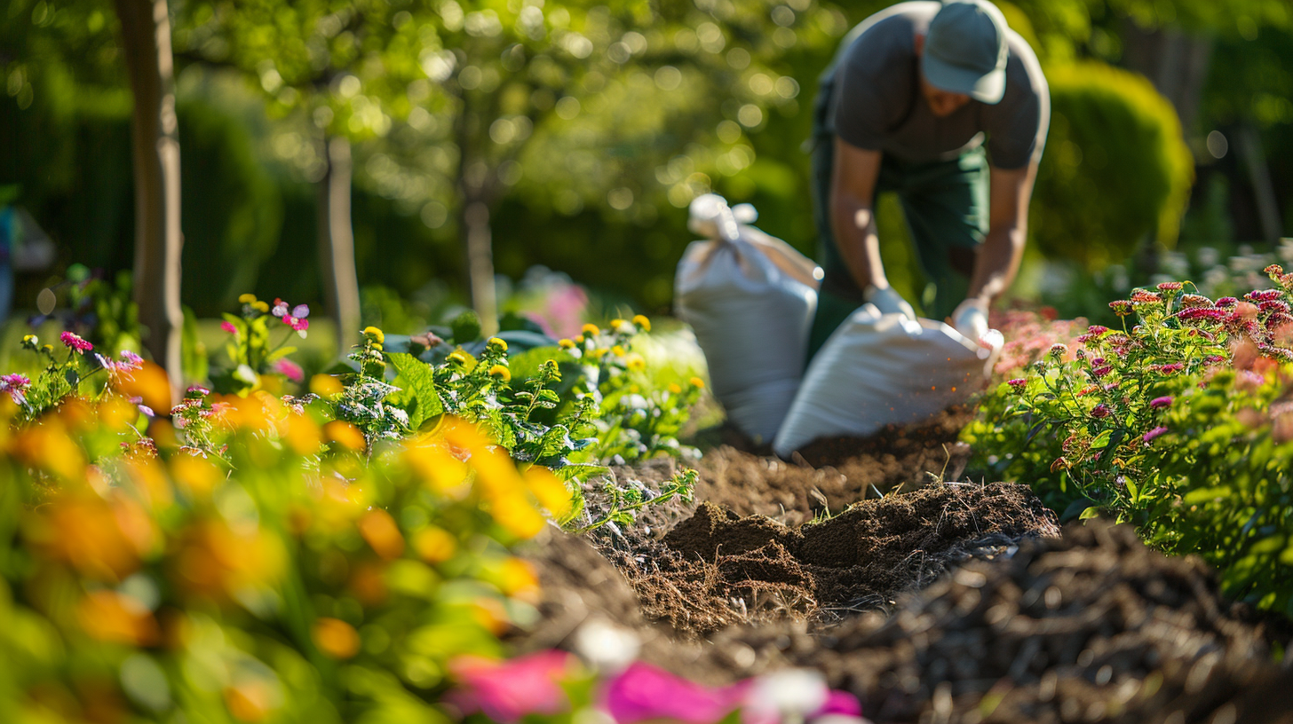 bags of plant fertilizers and a landscaper carefully applying fertilizer to the soil in a lush, green garden_02