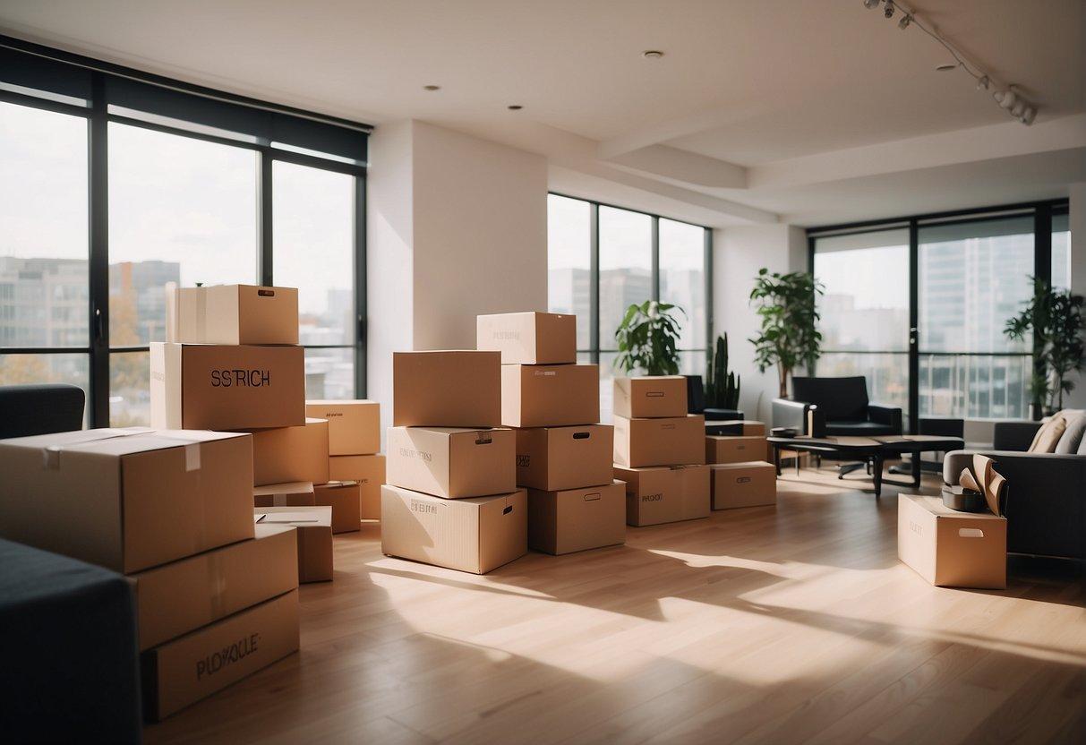 Boxes labeled with room names stacked in an empty living room. Furniture being unwrapped and arranged. A map of the new city on the wall