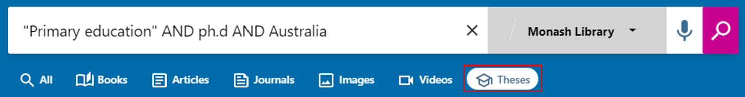 Library Search box with key terms 'Primary education' and 'Ph.d' AND 'Australia' with the Thesis filter highlighted