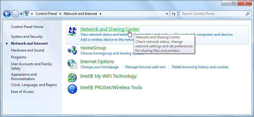 Screenshot of network and internet in control panel