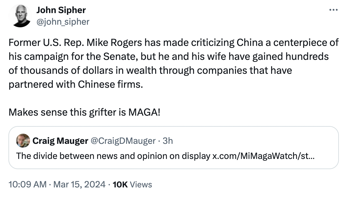 John Sipher tweet critizicing Mike Rogers. 