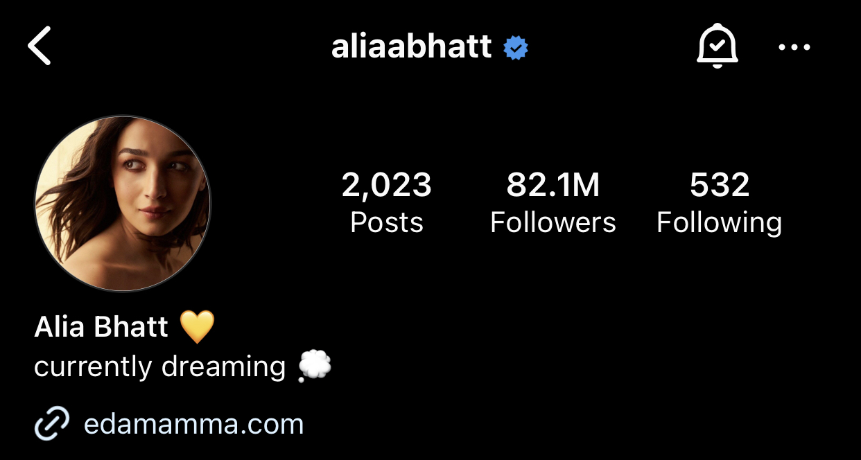 Alia Bhat’s Bio has a short saying or motto, an emoji, and a link.