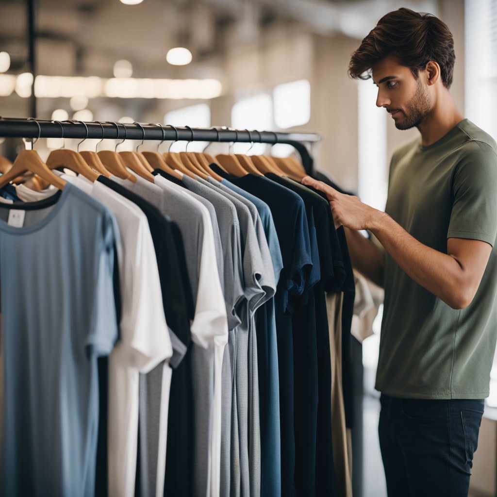 A customer browsing through a clothing rack, holding a drop shoulder t-shirt and examining the fabric and design