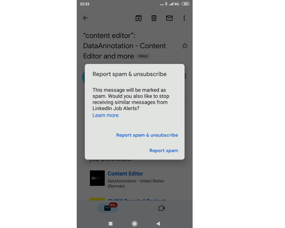 Report spam on the popup