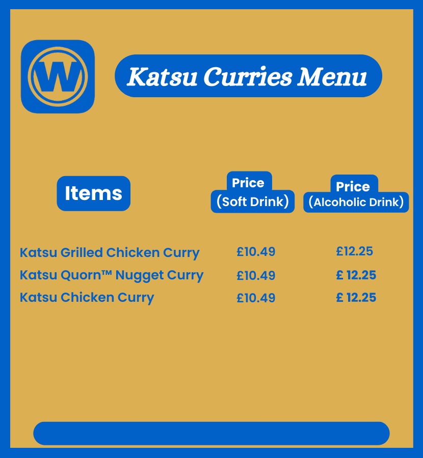wetherspoon Katsu Curries menu