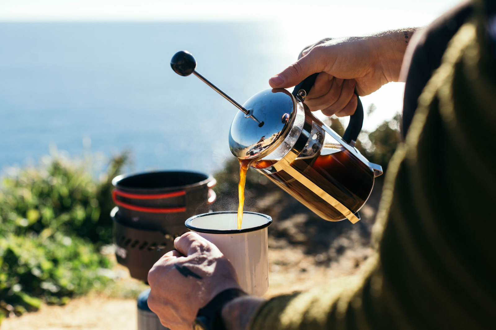 french press coffee while camping