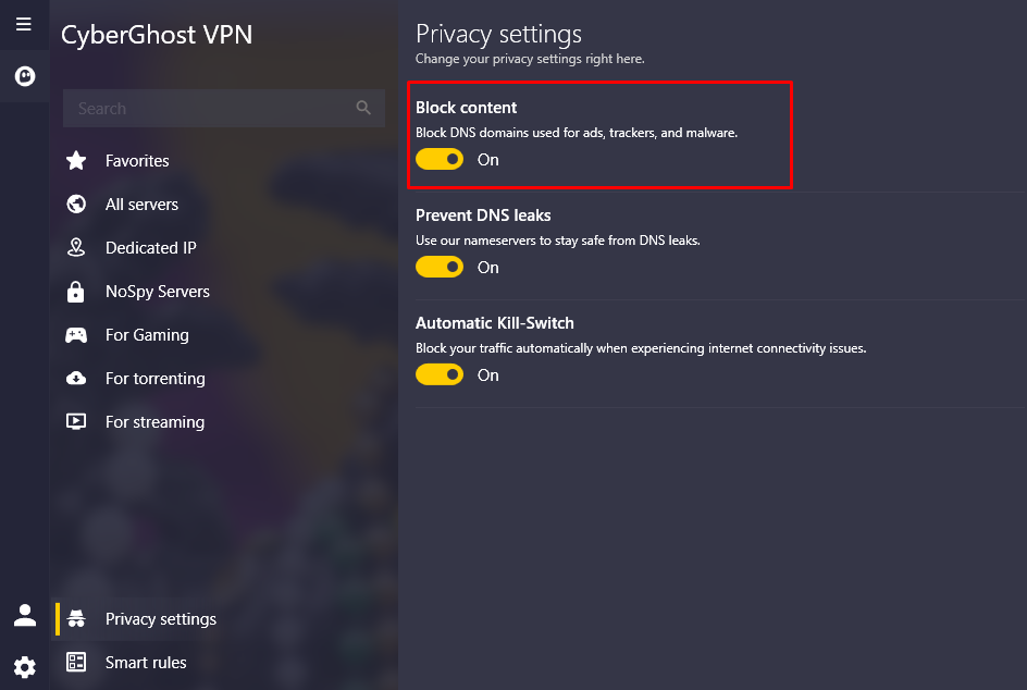 Image of the CyberGhost VPN's interface where you can activate the ad blocker mode. 