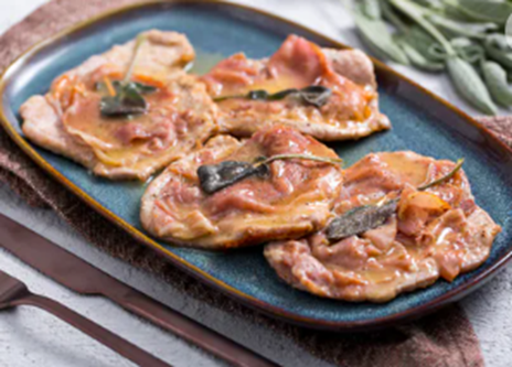 Saltimbocca: A Roman dish made of veal wrapped with prosciutto and sage, then pan-fried.