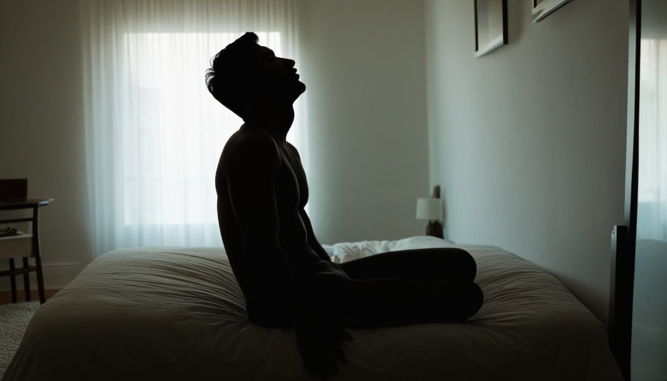 sillouette of a man pleasuring himself in bed