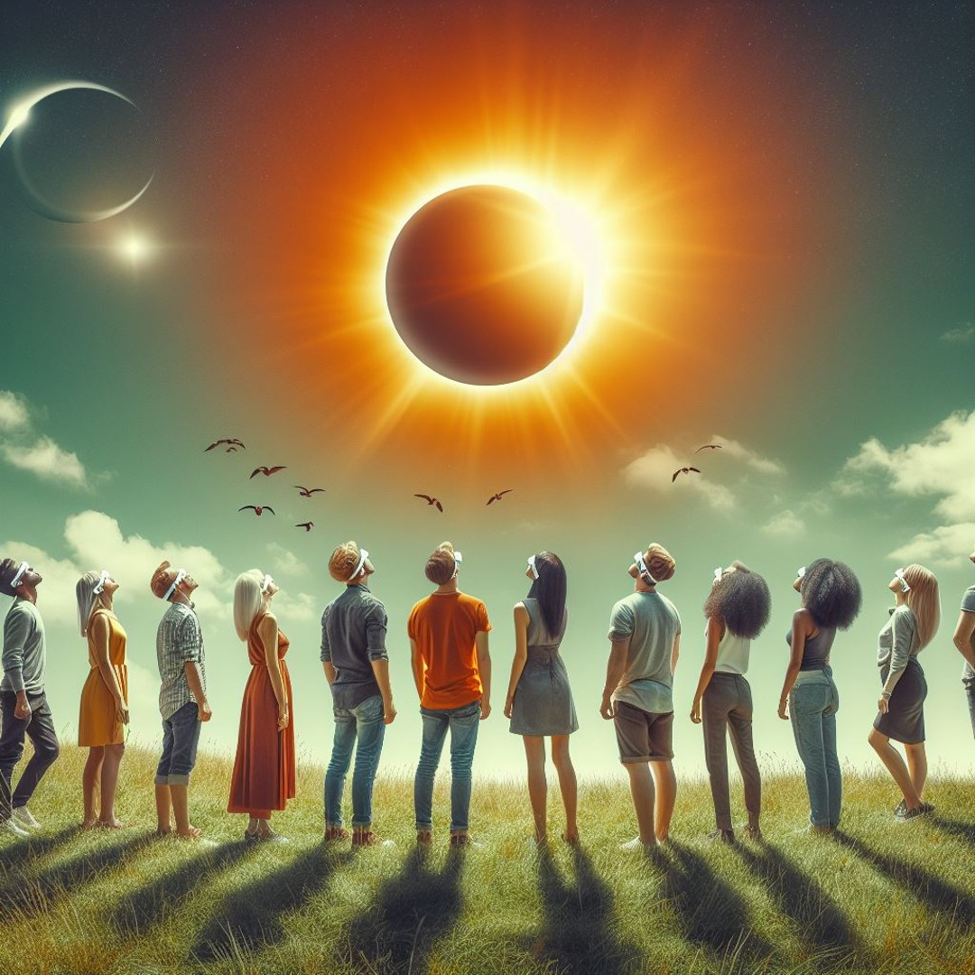 A group of people stands in awe, observing a mesmerizing solar eclipse, with the bright sun partially obscured, casting an enchanting glow that illuminates the serene landscape around them. This image captures a magical moment where individuals are united in witnessing the awe-inspiring beauty of a solar eclipse, symbolizing unity and the wonders of nature.