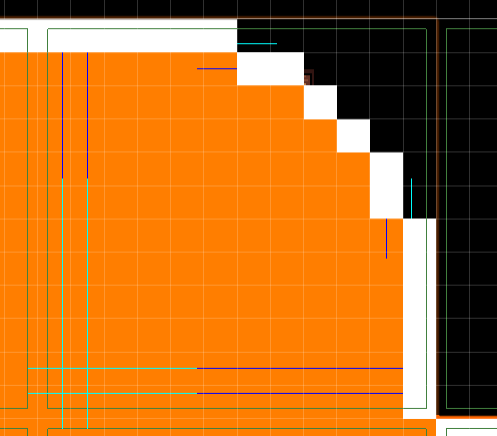 All rays are properly blocked despite the curve (remember that the cyan rays are going left and down)