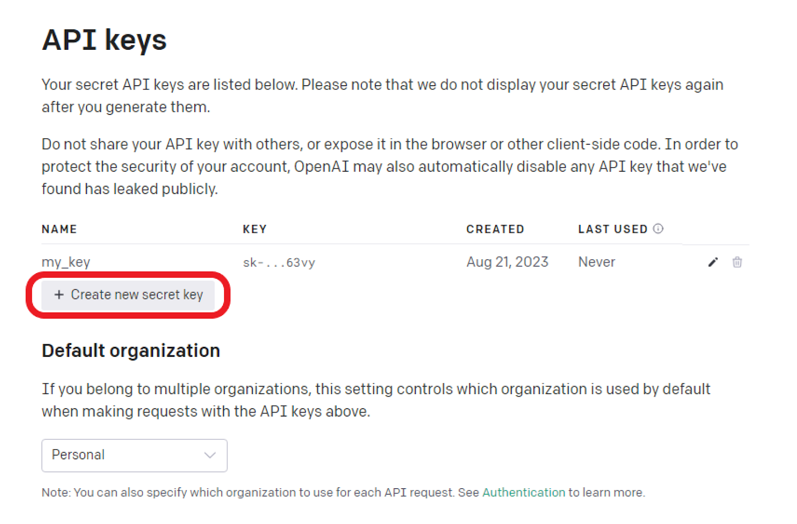 Clicking create new secret key to get an API key