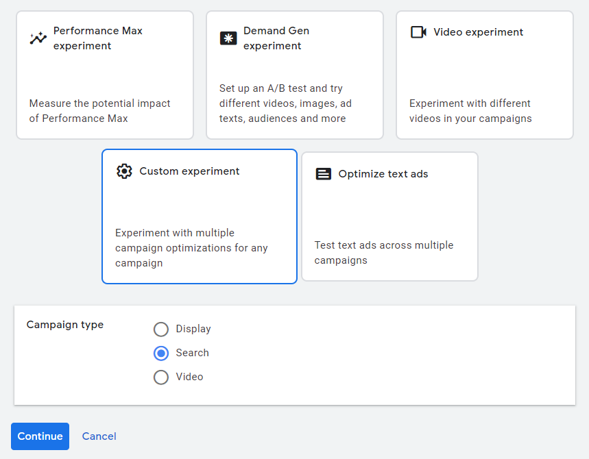 Google Ads Experiments set up